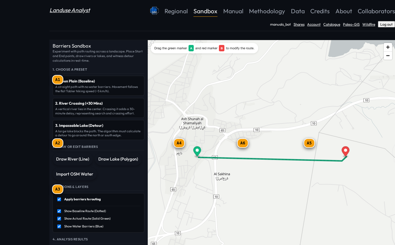 Barriers & Travel Surface Sandbox interface with reference tags A1 to A6