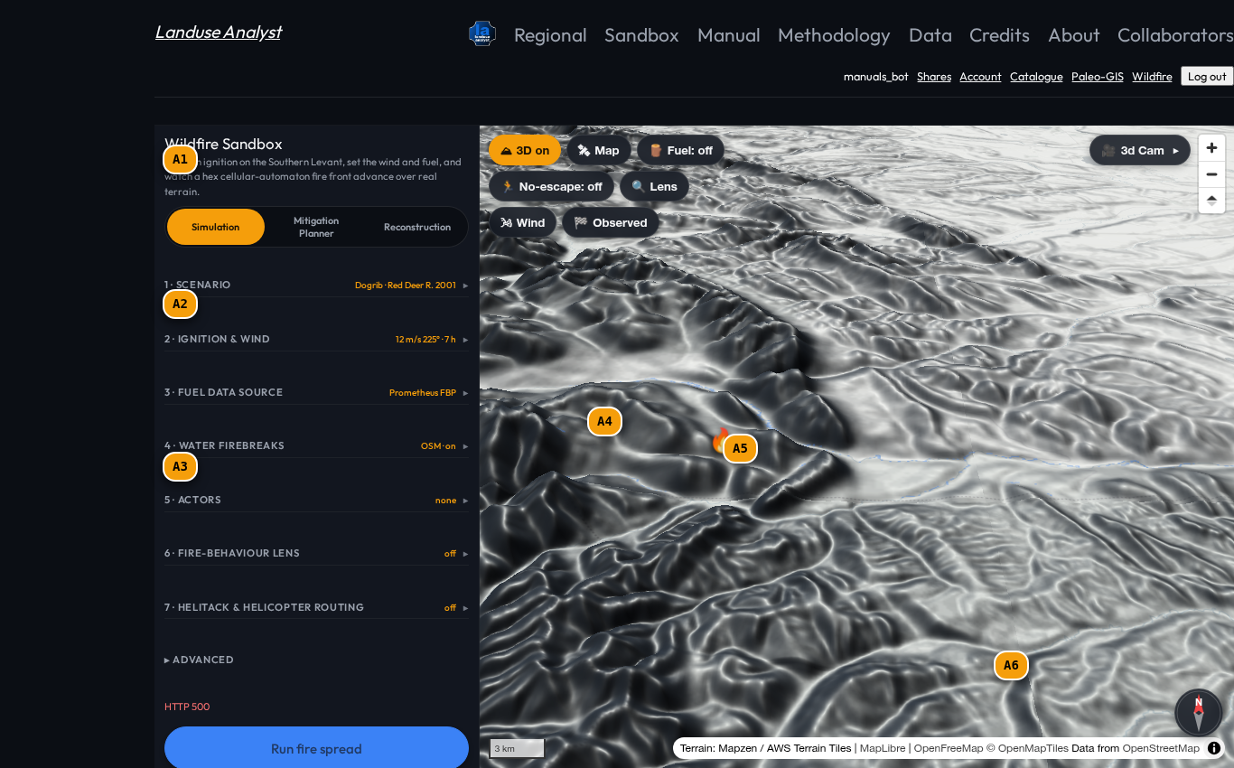 Wildfire Simulator interface with reference tags A1 to A6